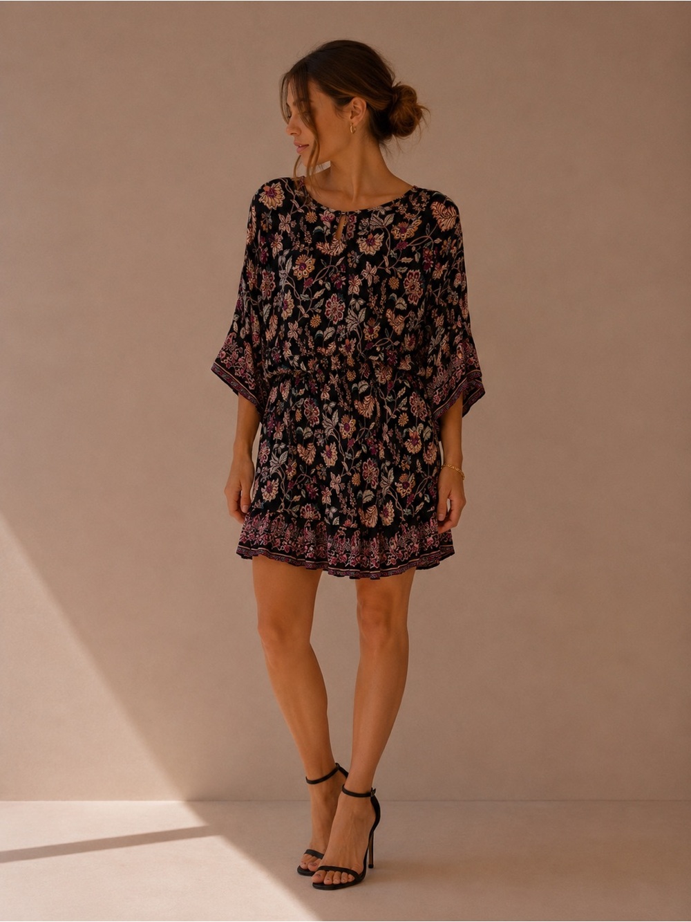 Angie Black Floral Boho Bell Sleeve Boho Cottagecore Mini Dress Size Medium
